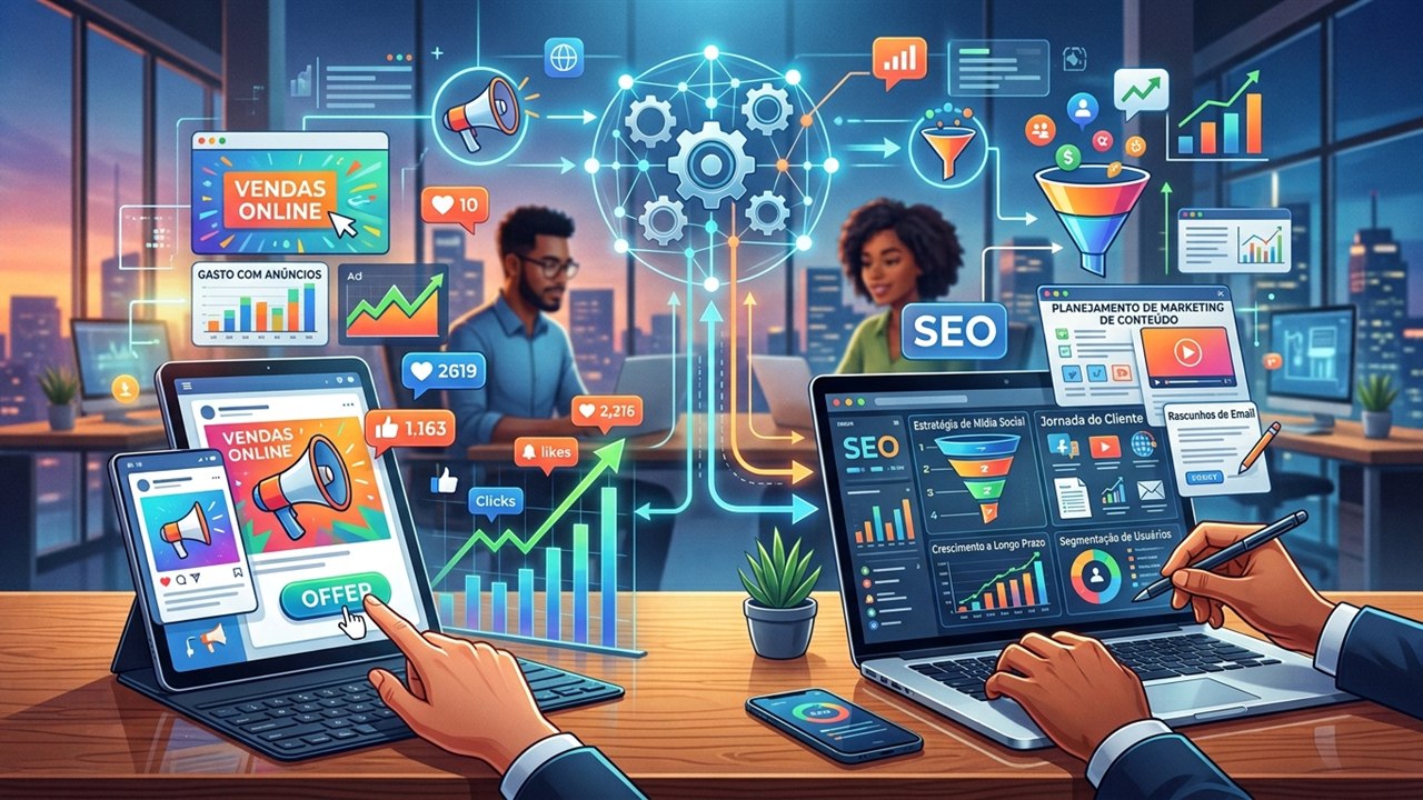 Equipe de marketing trabalhando com notebooks e tablets, cercada por painéis digitais de vendas online, SEO, funis de conversão e redes sociais